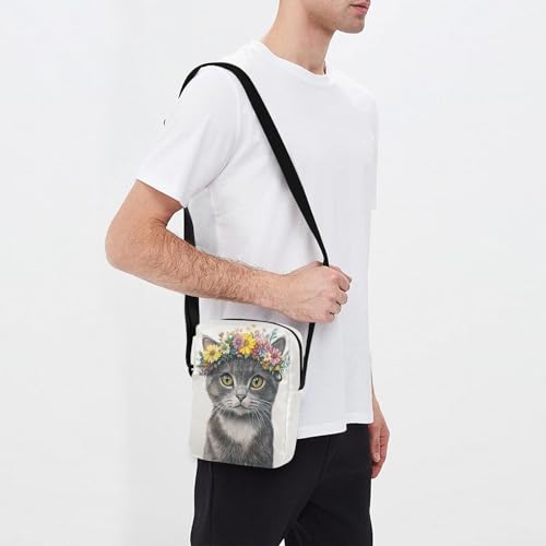 Small Messenger Bag Cat Flower Crown White Crossbody Bag for Men Women Cellphone Wallet Side Bag for Cycling Hiking Running3