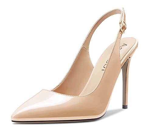 Aachcol Women Stiletto High Heel Pumps Ankle Strap Slingback Pointed Toe Dress Shoes Office Party Wedding Patent 4 Inch