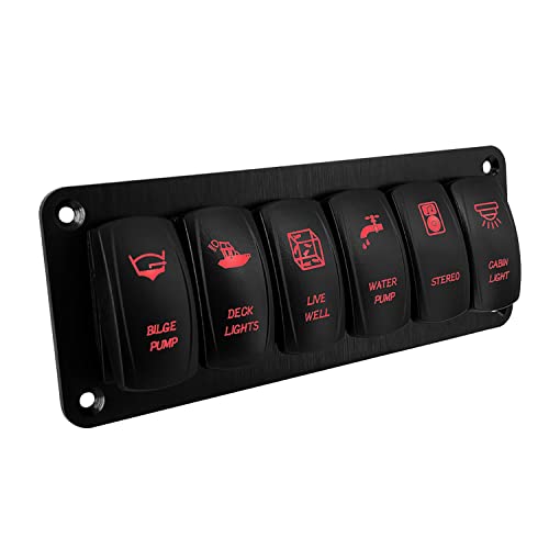 Image of 6 Way Customizable Red Marine Boat Rocker Switch Panel with Aluminum Mounting Housing Pre-Wired Toggle Switch Panel for Car Truck Jeep Van Lorry Pickup RZR Dash Waterproof 12V 24V