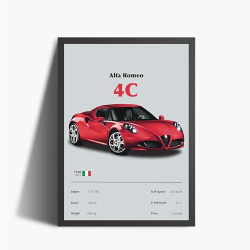 Alta Qualità Fotografica ANDSAL Poster Alfa Romeo 4C Autografo Digitale Arte Digitale A3 Poster Incorniciato Decorativo, Regalo Stampato Idea Regalo Appossionati Di Motori, Stampa (Cornice Nera)