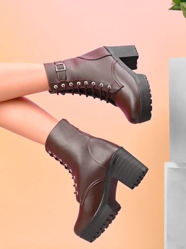 Image of XE Looks 100% Vegan Leather Women's Lace-Up Chunky Heel Ankle Boots with Buckle Detail | Trendy, Lightweight, Stylish, Comfortable and Soft, Trendy Heel Boots for Girls & Women