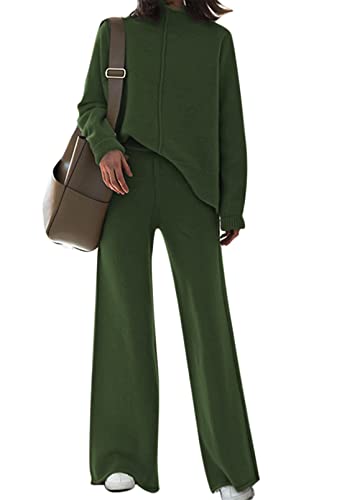 Fixmatti Matching Womens Clothes 2 Piece Outfits Ribbed Knitted Turtleneck Sweater Long Pant Sweatsuit Lounge Set Dark Green S