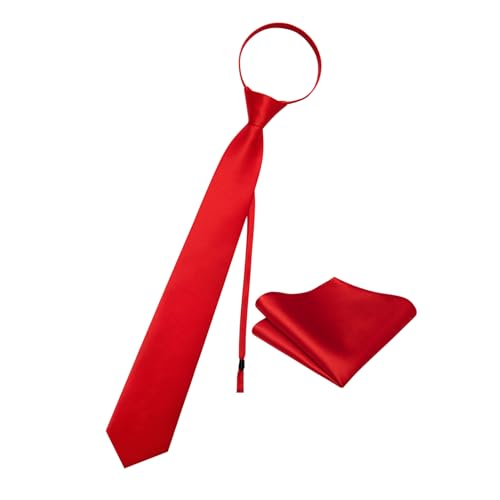 Image of YourTies Zipper Tie for Men Adjustable Pre-tied Satin Neckties and Pocket Square Set Solid Color Business Formal Wedding