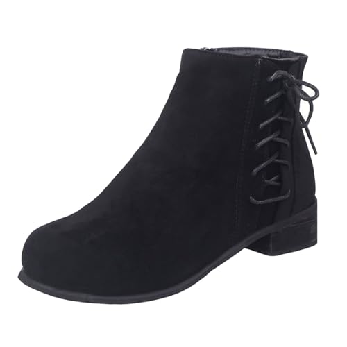 Damen-Stiefel, kurze Stiefel aus Wildleder, leicht, Retro, dicker Absatz, runder Zehenbereich, britischer Stil, elegant, Herbst, Winter, Outdoorschuhe für Damen, Schwarz, 36 EU