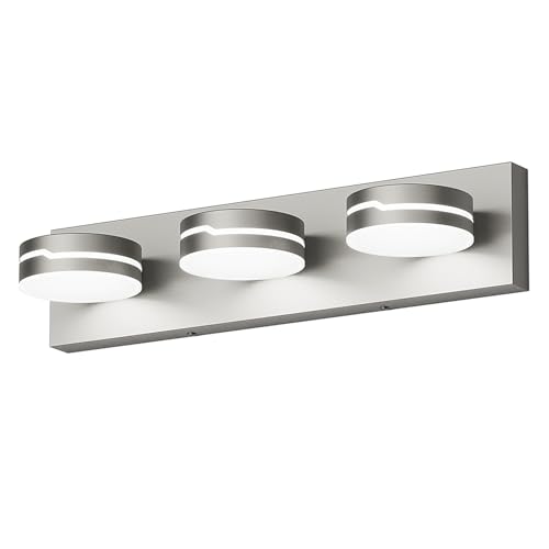 Image of MKBNG Vanity Lights for Bathroom, 18.9in Brushed Nickel Bathroom Light Fixtures Over Mirror, 3-Light Modern LED Wall Sconce Makeup Lighting, 350° Rotatable, Dimmable 6000K Cool White, Hardwired