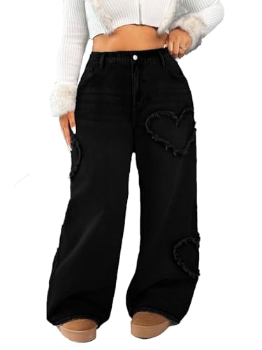 High Waisted Wide Leg Jeans, Heart Pattern Distressed Denim
