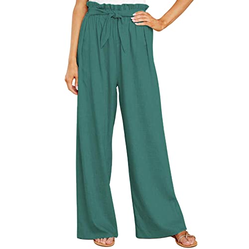 Cocoarm Women Wide Leg Casual Pants Elegant Long Lounge Palazzo with Belt Straight Loose(L-Green)