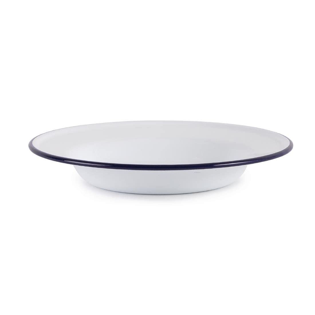 Olympia Assiettes creuses en acier émaillé 245 mm (lot de 6), blanches avec bord bleu, empilables, usage professionnel et domestique, passe au lave-vaisselle et au four, GM513