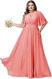 YMSHA Women's A-line Pleated Chiffon Bridesmaid Dresses Long with Pockets Short Sleeve Plus Size Formal Dress for Women Coral 18W