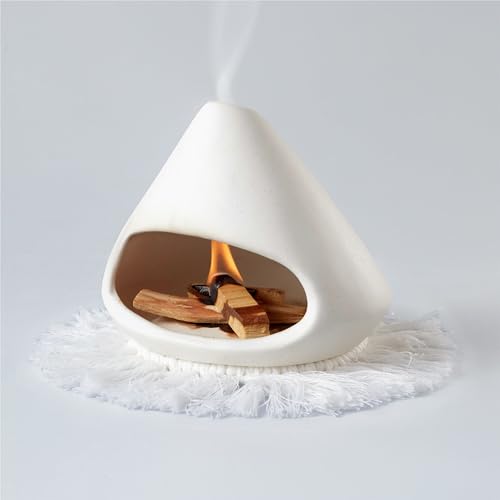 AKAGUIES Ceramic Palo Santo Holder Burner,Incense Cone Holder,Mini Chiminea for Palo Santo Sticks and Sage Burner,with Handmade Heat Insulated Mat,Dust Brush,Metal Tweezer. (White)