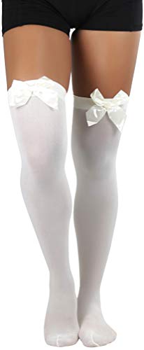 Image of ToBeInStyle Women's Opaque Long Thigh High Stockings w /Decorative Front Satin Bow