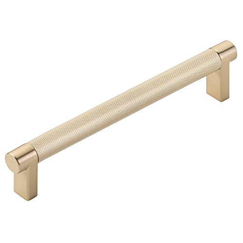 Emtek Select Knurled Cabinet Pull with Satin Brass (US4) Stem Finish - Choice of Size - 84055.RECUS4.KNUS4 - Center-to-Center: 6"