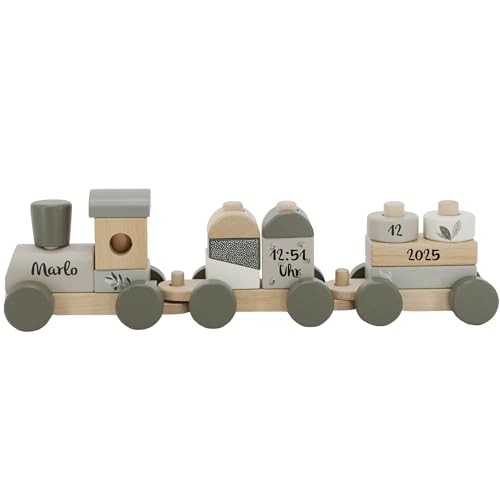 Mainely Train empilable en bois personnalisable Vert olive - Favorise la motricité fine et l'apprentissage des formes - Pour bébés et jeunes enfants - Personnalisable avec nom - Label