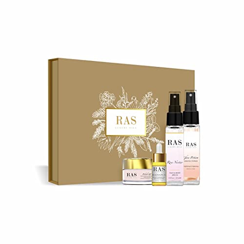 RAS Luxury Oils Glow Boosting Beauties Gift Set | Skin care set Cleanses, Exfoliates For Pigmentation & Dullness | Face Wash, 24K Gold Face Elixir, Rose Nectar Face Mist & Glow Potion Essence Toner (Minis) | Mothers Day Gift