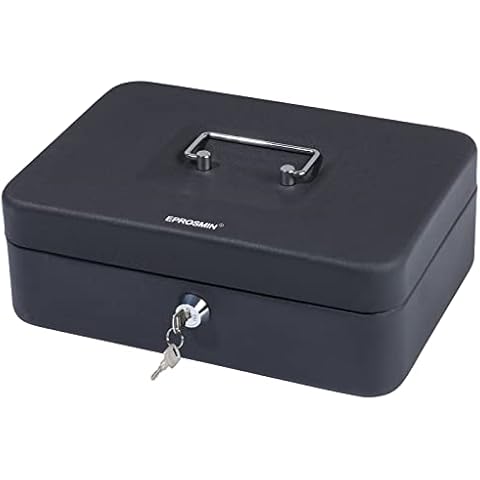 EPROSMIN Metal Lockable Cash/Money Box with 2 Keys & Carrying Handle, Coin and Note Security Box (25 x 20 x 9cm) (SIZE 10" - BLACK) Cover