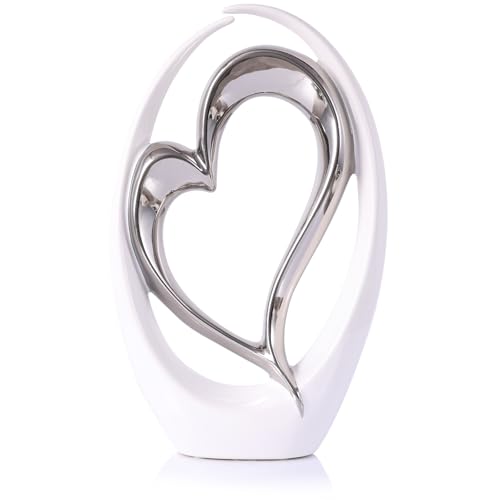 Escultura doble corazón blanca y plateada en cerámica