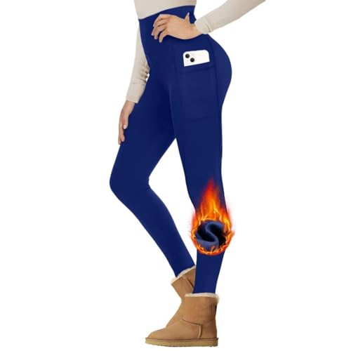 Gayhay Thermo Leggings Damen Winter Mit Taschen, Gefütterte Thermohose High Waist Hose Warm Blickdicht Strumpfhose Für Sport Hellblau L/XL