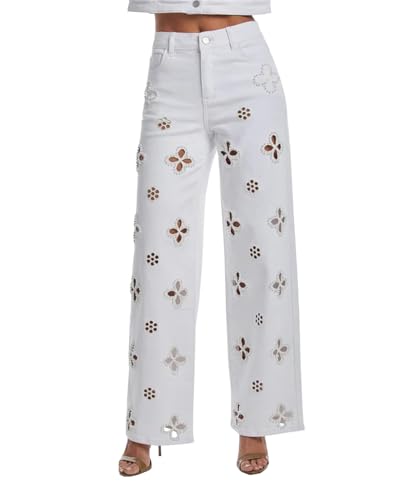 TACSTRUN Women's High Waisted Wide Leg Jeans Trendy Stretch Pearl Floral Openwork Embellished Denim Pants,White,M