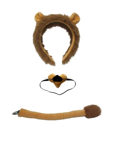 Image of Lion Headband with Nose and Tail Costume Set, Halloween Animal Ears Costume Dress Up Suit, Cosplay Party Supplies for Adult
