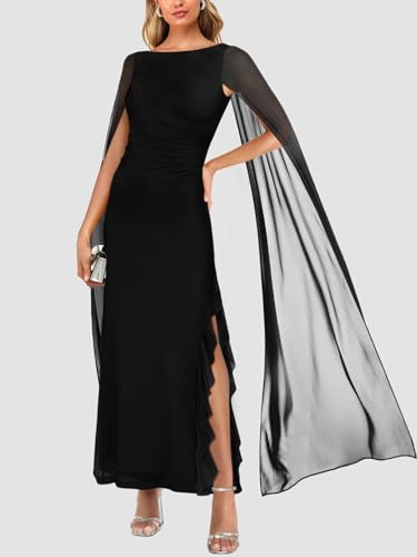Lrady Women's Formal Evening Gowns High Split Ruffle Wedding Guest Cape Sleeve Cocktail Party Maxi Dresses3