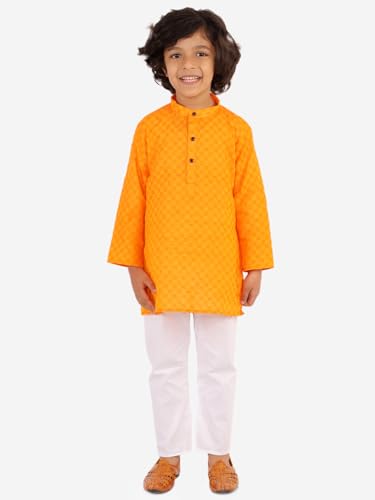 Image of superminis Baby Boys Traditional Ethnic Wear Handloom Cotton Solid Pattern Kurta With White Pyjama Set