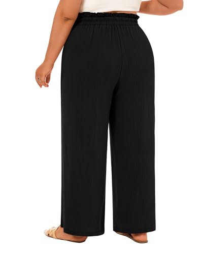Neer Women's Plus Size Linen Pants High Waist Wide Leg Casual Drawstring Loose Straight Palazzo Pants with Pockets4