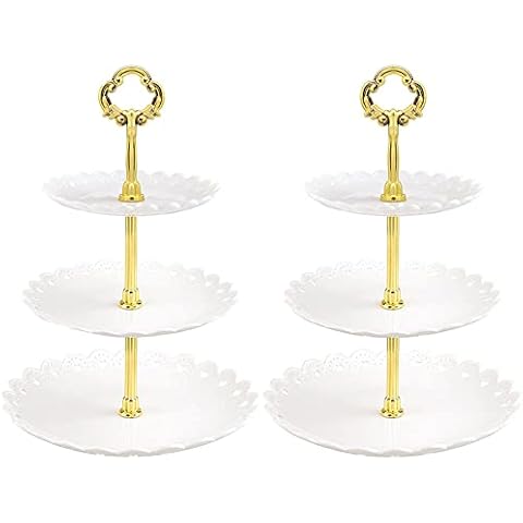 2 Pack 3 Tier Cake Display Stand Reusable,Plastic Round Cake Stand Display Fruit Plate,Dessert Stand, Cupcake Stand Party Serving Platter Stand for Birthday Wedding Party,Afternoon Tea(White) Cover