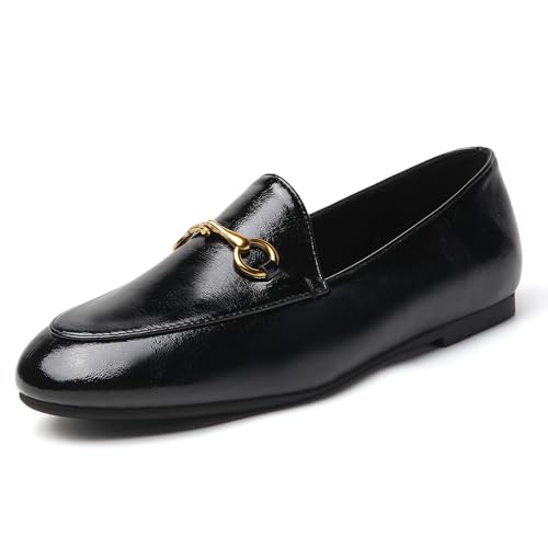 Image of Women's Classic Bit Loafers - Structured Faux Leather Business Work Flats, Comfortable Slip On Dress Shoes with Gold Metal Buckle (Updated True Size)