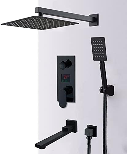 Sistema de Ducha de Pared, Grifo Digital Negro Mate con Pantalla LCD, Sistema de Ducha Tipo Cascada, Grifo Mezclador de baño de 3 vías, Cascada de 8 Pulgadas, Cabezal Giratorio de 10 Pulgada