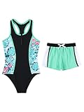 iEFiEL 3tlg. Mädchen Tankini Set Spaghetti-Träger Tops + Schlüpfer + Badeshorts Bikini Sets Blumen Druck Badeanzug Bade Bekleidung Strandmode W Grün Palme 158-164