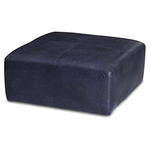 Image of POLY & BARK Sequoia Ottoman - 35 inch Square Pouf with Feather-Down Topper - Full-Grain Leather Upholstered Pouf Ottoman for Living Room - Italian Leather in Midnight Blue