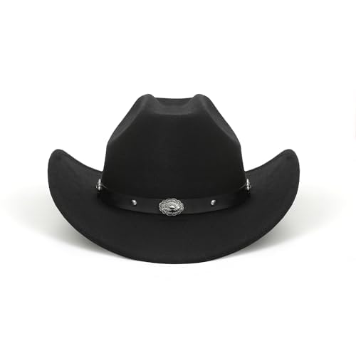 Cappello da cowboy e cowgirl classico in feltro nero con falda arrotolabile, per donne e uomini, decorazione con bukle per cintura in stile western