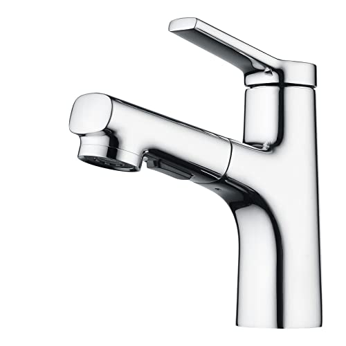 CREA Robinet Salle de Bain avec Douchette Extractible, Robinet de Lavabo Mitigeur de Pulvérisation et Deux Modes D’écoulement D'eau, Levier Mélangeur Monotrou Laiton Chromé Poli