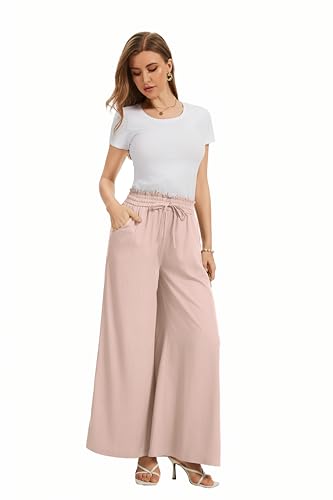 Image of KICZOY Women Flowy Pants Drawstring Waist Wide Leg Palazzo Beach Pants Loose Fit with Pockets