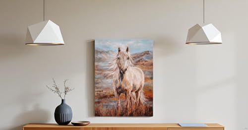 Image of Yihui Arts Textured White Horse Oil Painting on Canvas - Hand-Embellished Animal Wall Art for Living Room, Rustic Mountain Landscape Decor