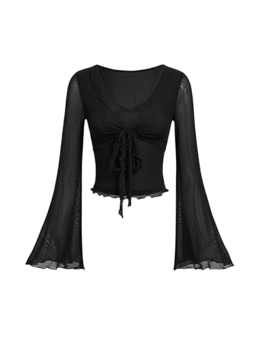 GORGLITTER Women's Tie Front Long Bell Sleeve Tops Ruched V Neck