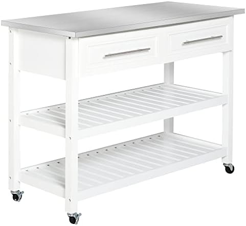 HOMCOM Kitchen Island Rolling Utility Trolley Cart with 2 Drawers Stainless Steel Top - White