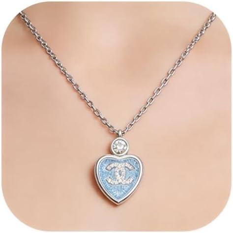 ivoler Designer Inspired Double Emblem Heart Pendant Necklace for Women, Blue Enamel Crystal Silver-Tone Luxury Fashion Jewelry for Daily Wear & Gifting