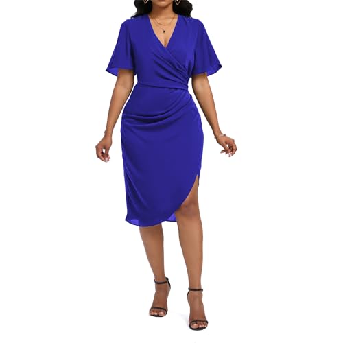 Image of Women's Wrap V Neck Asymmetrical Hem Midi Ruched Cocktail Evening Dress | Back Zipper, Regular Fit, Club Night, Semi Office Formal, Wedding Dinner Date, Flutter Short Sleeve, High Low Irregular Hem
