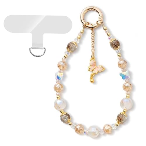 GUOYOU Chaine Telephone Portable Perle Dragonne Papillon Lanyard Accessoire Telephone Poignet Court Bracelet Charm en Pierre Compatible avec des Smartphones...