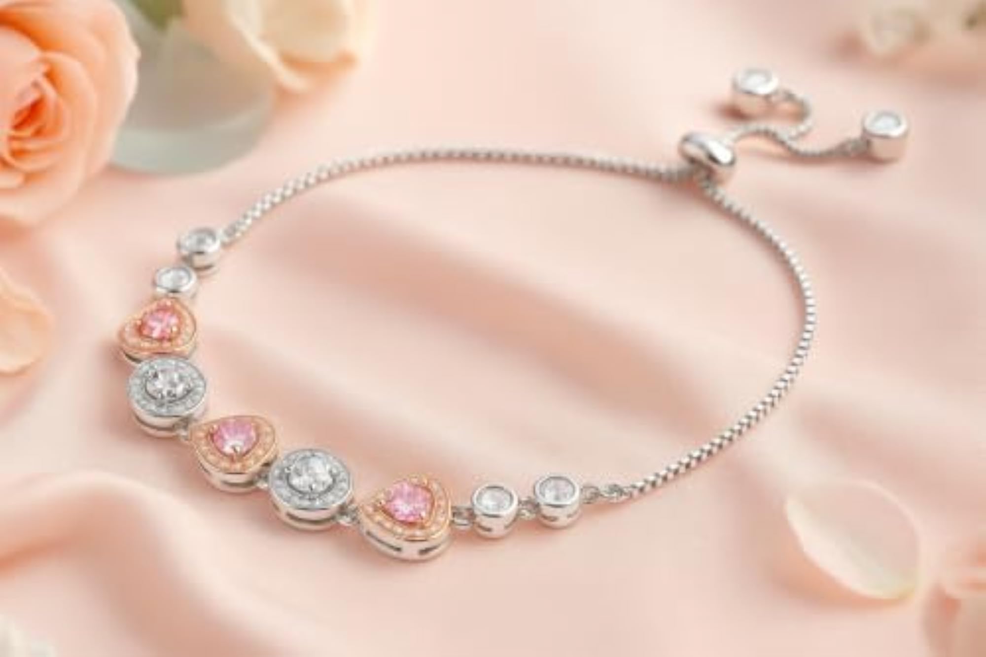 Women's Pink Crystal Heart & Round CZ Tone Adjustable Bracelet