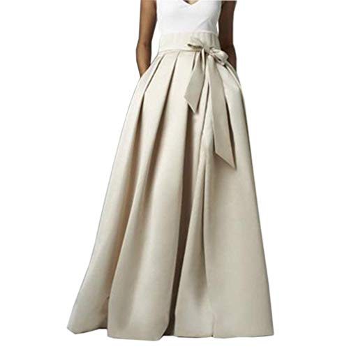 Diydress Women's Long Satin Floor Length Pleated Maxi Skirt High Waist Bowknot A-Line Prom Party Skirts with Pockets Ivory