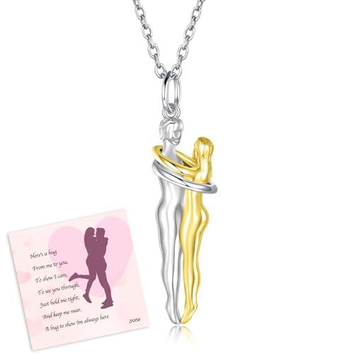 zaxsj Hug Necklace for Women 925 Sterling Silver Man and Woman Hugging Necklace Couples Jewelry Valentines Day Gifts for Wife Girlfriend (Gold)
