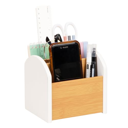 Mind Reader Desktop Organizer with 3 Compartments, Natural Wood and Matte Finish Sides, Compact Desk Storage, Wood, White