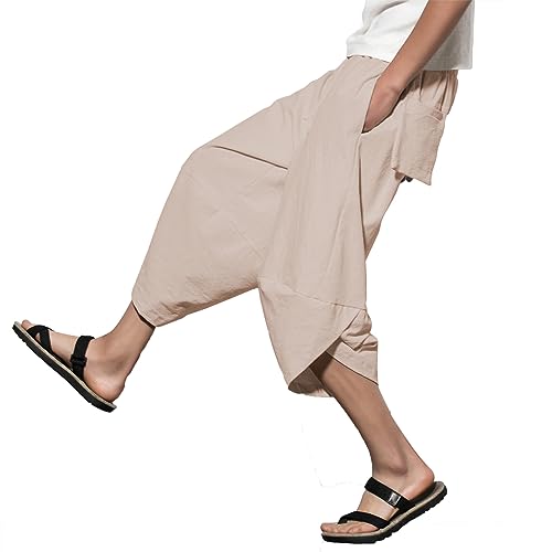 INVACHI Men's Linen Harem Capri Pants Lightweight Elastic Waist Casual Baggy Pants Beach Yoga Trousers