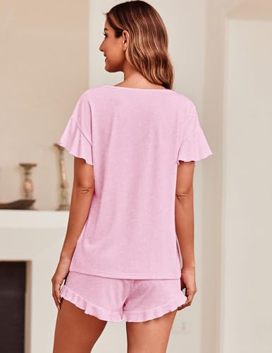 Image of Ekouaer Women's Pajama Set Ruffle Sleeves Top and Short | 2 Piece Ruffle Hem Sleeves Top and Shorts Pjs Set, Soft Short Sleepwear Set, Elastic Waistband Design