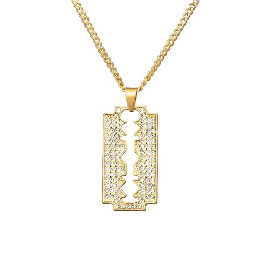LUSSO 14K イエローゴールド キラキラ アイスアウト カミソリ ブレード ネックレス 男性用 絶妙なカミソリペンダント ネックレス - ゴールデンマン カミソリチェーン ユニ カミソリネックレス ハロウィン用, 55cm, ステンレス鋼, 宝石なし