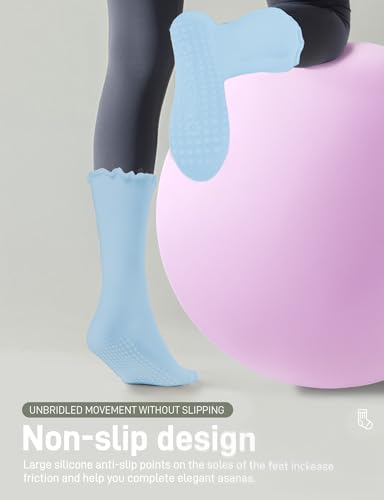 AURUZA Womens Pilates Socks with Grips Non-slip Ruffle Grippy Yoga Socks Ballet Barre Cute Turn-Cuff Crew Socks Lace Slipper Socks Womens Grip Socks2