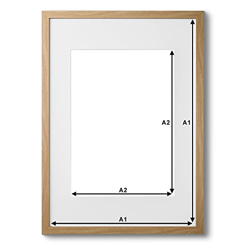 Fabian Clarke London® A1 Modern Oak Wooden Picture Photo Frame with White A2 Mount to Hang Portrait or Landscape