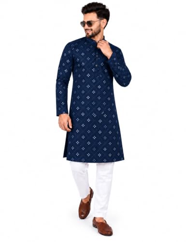 Buy ORIFAB Men’s Navy Blue Mirror Work Kurta Pajama Set Cotton Blend - Image 2